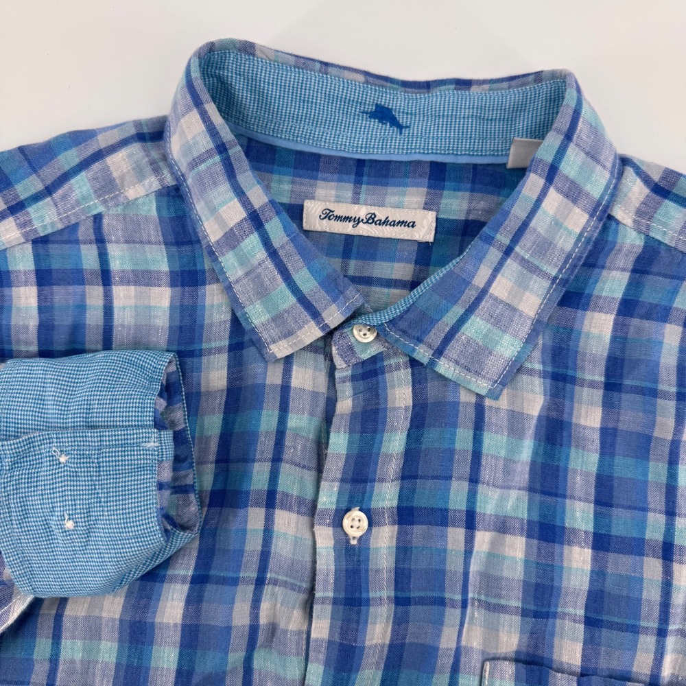 Tommy Bahama Button Front Shirt Mens XL Blue Plaid 100% Linen Long Sleeve Pocket